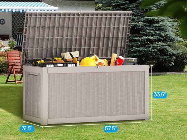 267 Gallon Deck Box Large Outdoor Storage for Patio Furniture,Outdoor Cushions,Garden Tools and Pool Supplies,Waterproof,Resin,Lockable(Grey Rattan)