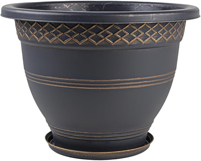 6 Pack 8 Inch Plant Pots, Plastic Flower Pot for Indoor & Outdoor with Drainage Holes & Saucer, Plaid Pattern Planters Garden Pots for Herbs