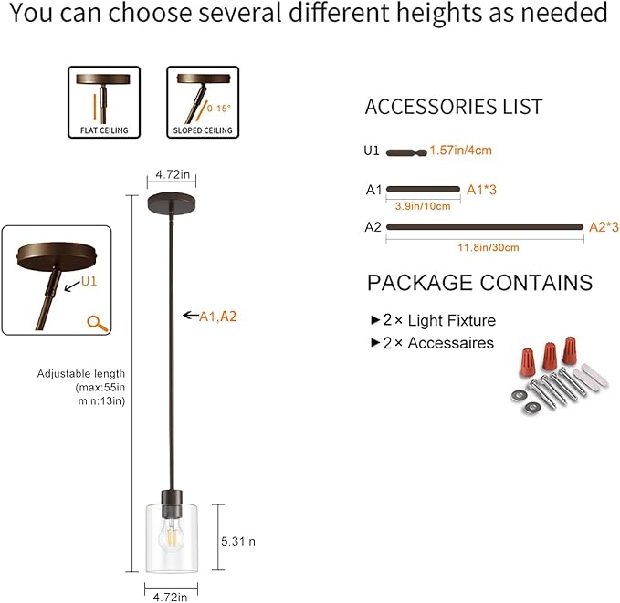 Oil Rubbed Bronze Pendant Lights Kitchen Island - Clear Glass Pendant Light Fixture Multiple Stems Rods 3 Units 12 Inch 3 Units 4 Inch (2 Pack Oil Rubbed Bronze Downrod)