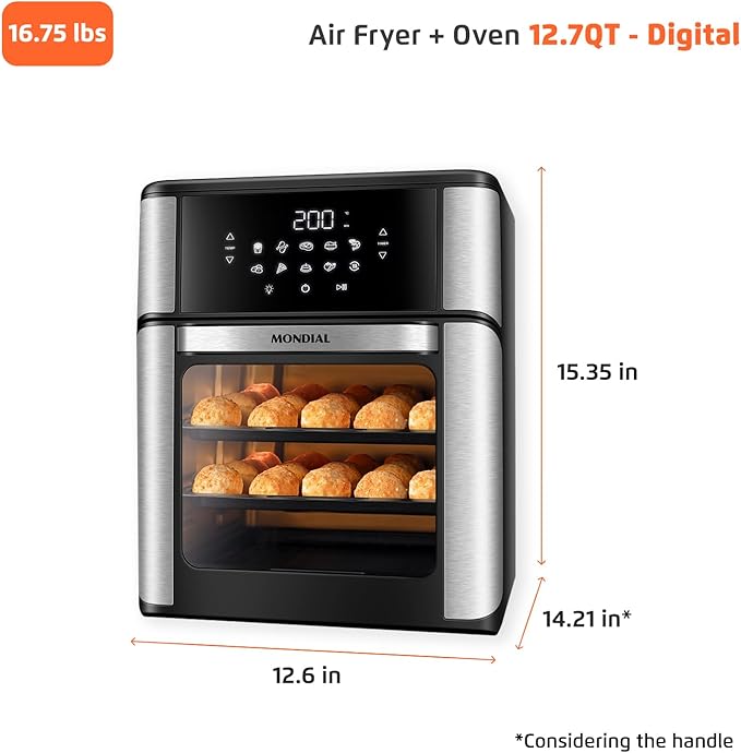 Air Fryer Oven 1800W, 12.7QT Capacity, Touchscreen Panel, Automatic Shut-Off – Black & Stainless Steel – Mondial
