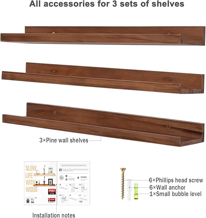 AZSKY Floating Photo Shelves Fair Light Walnut 24 Inch Picture Ledge for Storage Wall Book Shelves Hanging Picture Photo Frame Ledge Shelves with Lip a Set of 3 Same Sizes Kitchen Spice Rack