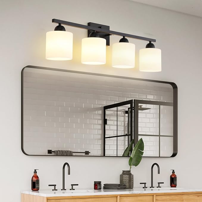 Milk Glass Vanity Lights for Bathroom, 4 Light Matte Black Bathroom Light Fixtures Over Mirror, Ceramic E26 Sockets Wall Mounted