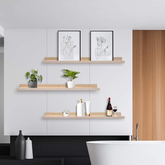 AZSKY 48 Inch Large Wood Floating Shelves for Wall Set of 3, Rustic Natural Picture Ledge Shelf Decor for Bedroom Kitchen Bathroom Living Room Nursery Display, 3 Same Sizes