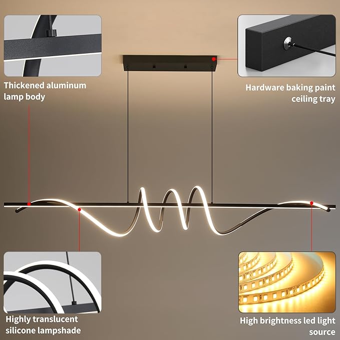Modern Ceiling Chandelier Light, Acrylic Anti Flicker Pendant Lamp with Remote Control Dimmable 3 Color Mode & Brightness (Warm Cool Neutral Light) for Kitchen Bar(Black,57IN