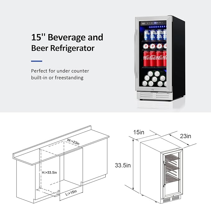 15'' Beverage Refrigerator and Beer Fridge Under Counter Built-in or Freestanding,127 Cans Beverage Cooler with Glass Door and Lock for Bottles and Cans Beer/Soda/Water/Wine