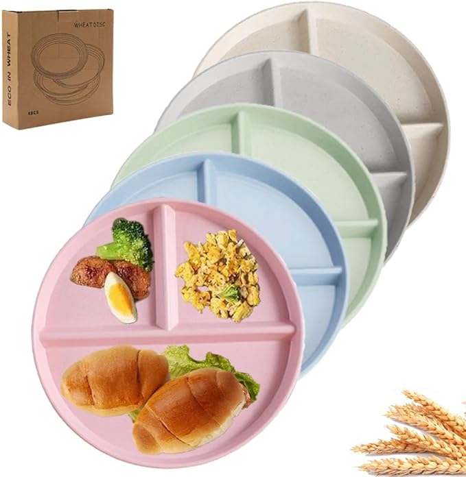 9" Unbreakable Divided Plates Set of 5, Wheat Straw Plate Reusable Dinnerware Portion Control Plates, Round Bariatric Plastic Plate for Kids Adults, BPA-free, Dishwasher Safe