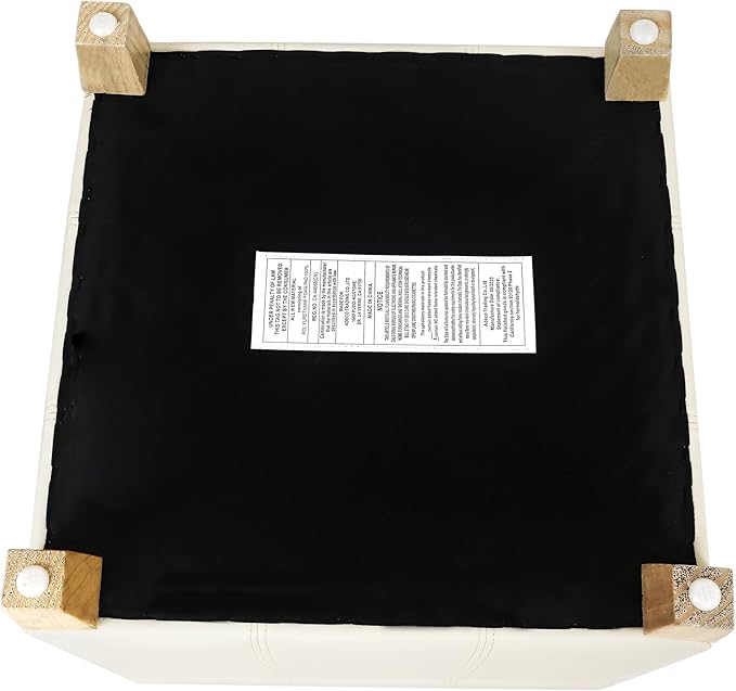 Adeco Faux Leather Storage Ottoman with Hinged Lid, 17.5 Inch High Cream White Square Cube Foot Stool with Storage, Upholstered Vanity Stool with Solid Wood Legs for Living Room, Bedroom, Dorm