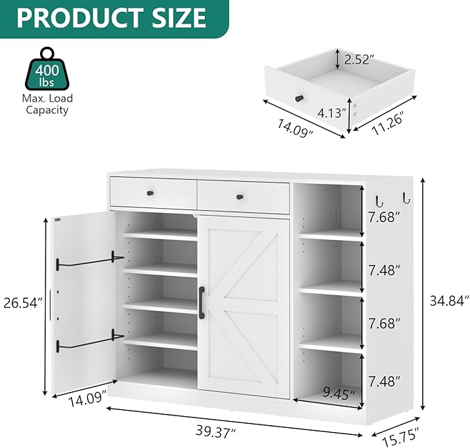 Loomie 5-Tier Shoe Cabinet with 4 Side Cubbies, Farmhouse Shoe Rack Cabinet with 6 Adjustable Shelves & 2 Drawers, Freestanding Shoe Storage Cabinet with 4 Brackets & 2 Hooks for Entryway (White)