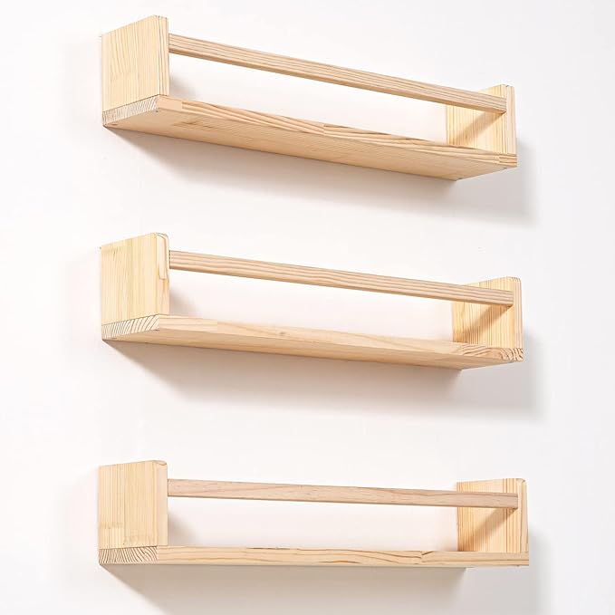 AZSKY Nursery Book Shelves 24 Inch Rustic Natural Wood Floating Shelves,Wall Book Shelves for Farmhouse,Bathroom Décor,Kitchen Spice Rack or Book Shelf Organizer for Home Décor,a Set of 3 Same Sizes