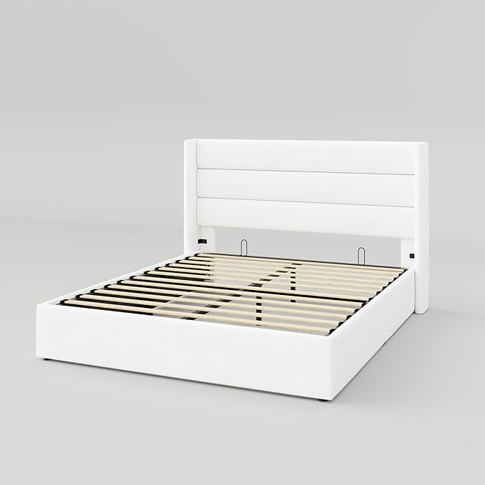 Allewie Full Size Velvet Lift Up Storage Bed, Modern Wingback Headboard, Hydraulic Support, No Box Spring Needed, White