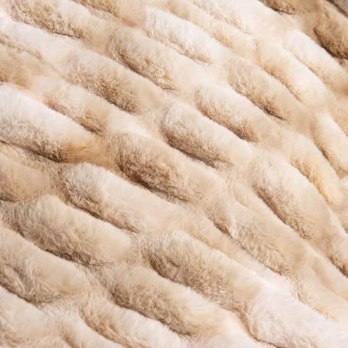 BATTILO HOME Ruched Luxury Faux Fur Throw Blanket Beige Tie-dye Rabbit Fur Blanket for Couch, Living Room, Fuzzy, Soft, Plush, Cozy, Elegant with Reversible Mink Blanket Beige, 60"x80"