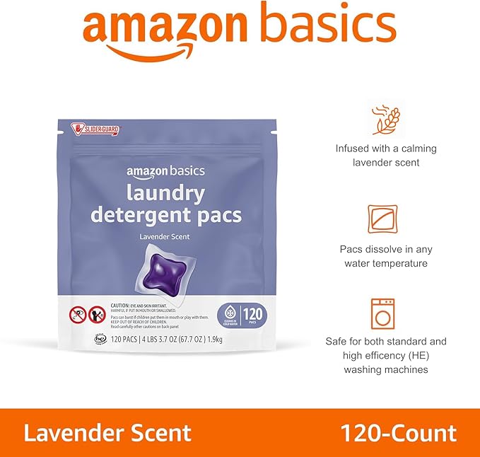 Amazon Basics Laundry Detergent Pacs, Lavender Scent, 120 Count (New Packaging)