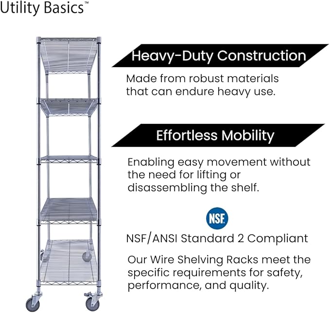 48"x18"x72" Chrome 5-Tier PREMIUM Wire Shelving NSF 4000 LBS MAX CAPACITY Heavy Duty Steel Storage Rack for Warehouses, Garages, Hospitals, Commercial Spaces, & Schools w/PREMIUM WHEELS
