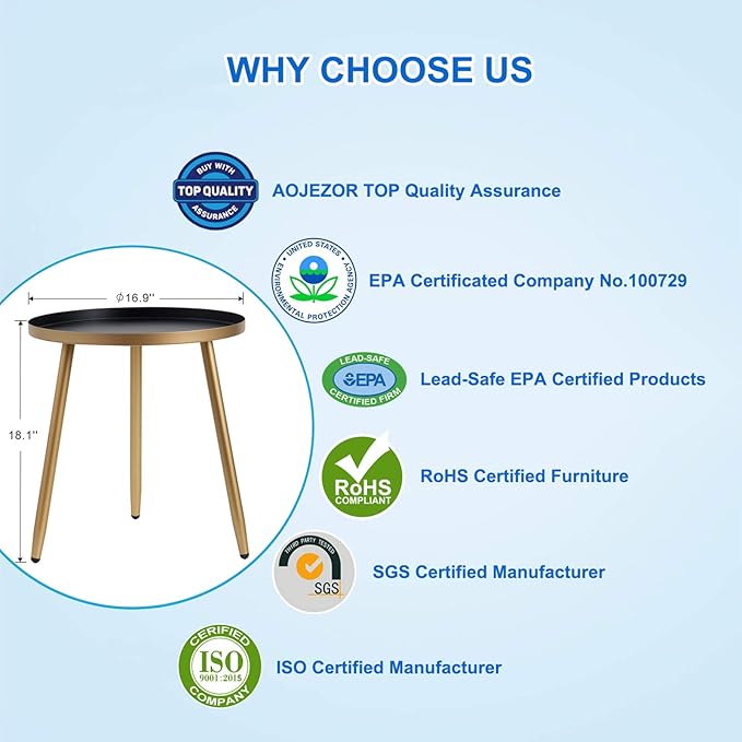 AOJEZOR Side Table: End Table for Any Room - Round Side Tables for Small Spaces - Black Top with 3 Gold Legged