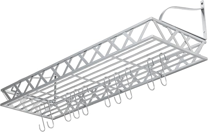 MyGift Wall Mounted Silver-Tone Metal Hanging Kitchen Pots, Pans and Utensils Storage Cookware Rack with 12 Removable S-Hooks and Top Display Shelf for Condiments Spice Rack