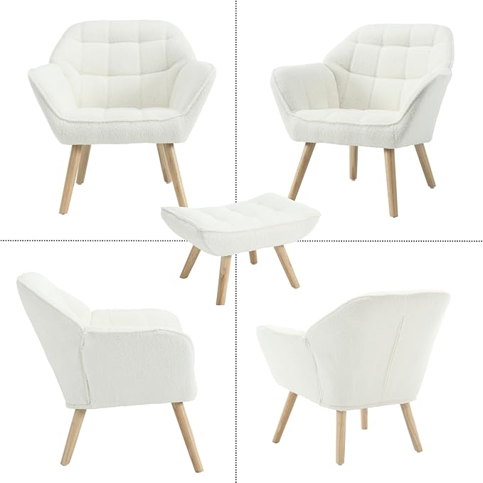 Modern Sherpa Accent Chair with Ottoman Set of 2, Fluffy Upholstered Lounge Chair with Footrest, Comfy Living Room Side Boucle Armchair for Small Space Bedroom, White