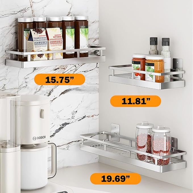 2PCS Kitchen Spice Rack, SUS304 Stainless steel Wall Mount Storage Rack, Seasoning Container, 19.7Inch Spice Organizer, Kitchen Seasoning Hanging Rack, Bathroom Shelf for Storing Toiletries