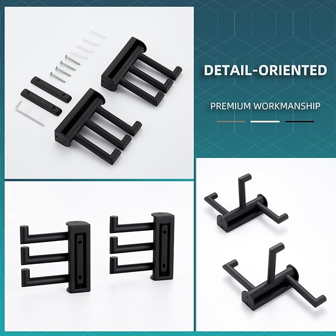 Angle Simple Swivel Towel Hooks for Bathroom, SUS 304 Stainless Steel Foldable 3 Arms Robe Towel Holder, Shower Wall Coat Hooks, Matte Black, 2 Pack