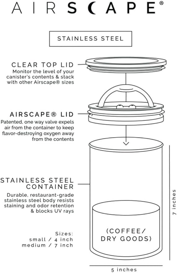 AirScape Planetary Design Stainless Steel Coffee Canister | Food Storage Container | US Patented Inner Plunger Lid REMOVES Excess Oxygen | Don't Buy airtight, Buy AIR-Less | (Medium, Matte Black)