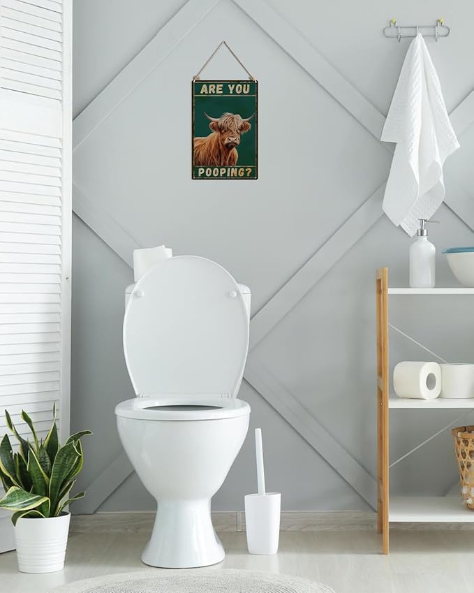 ALKB Funny Highland Cow Are You Pooping Metal Signs Vintage Farmhouse Bathroom Wall Decor Highland Cow Lovers Gift 8 x 12 Inch