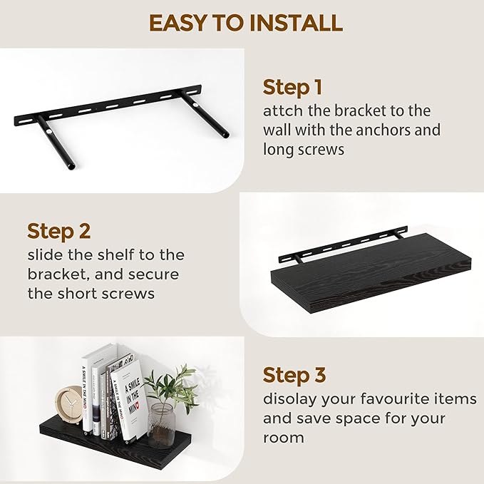 48 Inch Floating Shelves Black, Rustic Wood Floating Shelf Wall Mounted, 9 Inch Deep Floating Shelf for Kitchen, Bedroom, 48 x 9 Wall Shelves for Home Storage, Set of 1