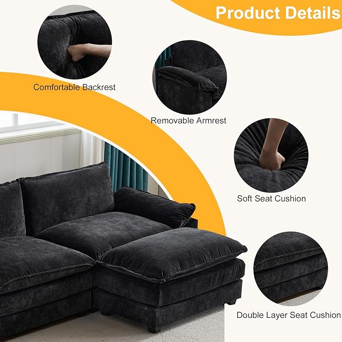 Karl home Sectional Sofa Modular Deep Seat Sofa Couch with Ottoman, Chenille Sofa Sleeper Comfy Upholstered Furniture for Living Room, Apartment, Studio, Office, (3-Seat & 1-Ottoman, Black)