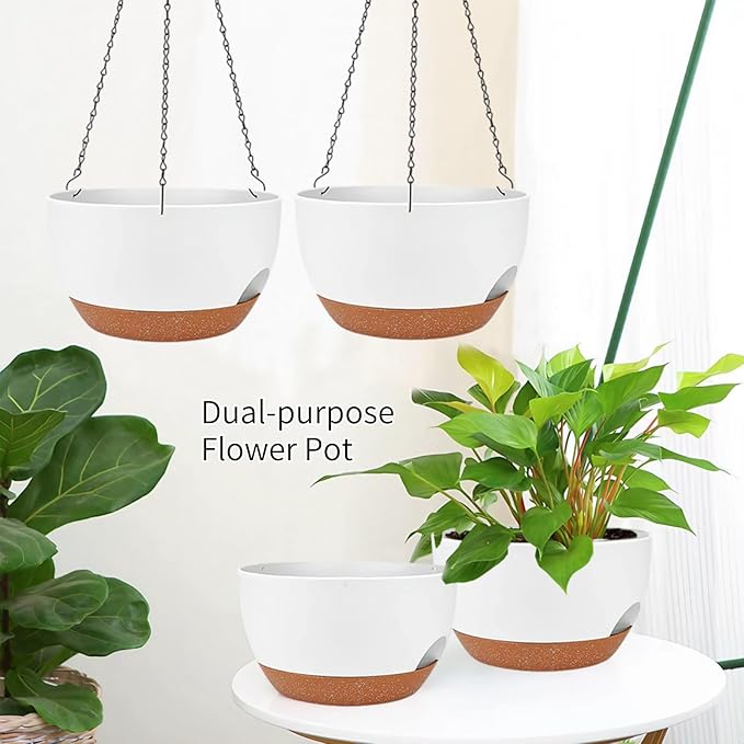 2 Pack Hanging Planters for Indoor Outdoor Plants, 12 Inch Self Watering Hanging Pot with Drainage Holes and Saucer, Plastic Plant Pots, White Brown Flower Pots for Kitchen, Balcony, Garden