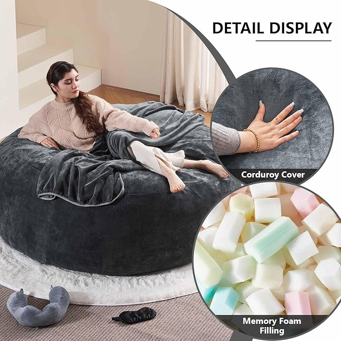6FT,Oversized Bean Bag Chairs for Adults,Giant beanbag with Filler Included,Fluffy Memory Foam,Soft and Comfy Corduroy Fabric,Gaming Chairs Suitable for Living Room and Bedroom (Dark Gray, 6 Foot)