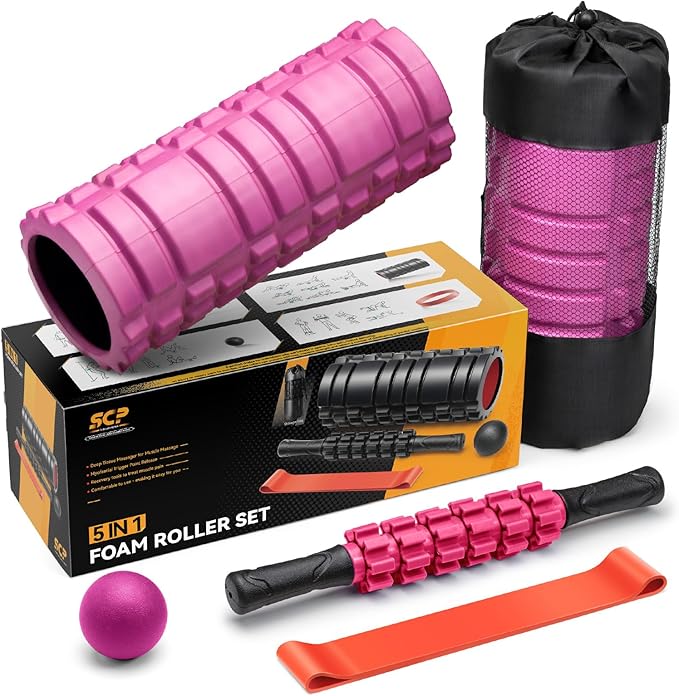 5 in 1 Foam Roller Set for Deep Tissue Muscle Massage, High Density Fitness Exercise Foam Roller, Massage Roller, Massage Ball, Resistance Band, for Whole Body (Pink-Black)