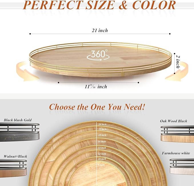 21-Inch Wooden Lazy Susan Turntable – Premium Oak & Iron, Extra Large Rotating Serving Tray for Dining Table, Kitchen Countertop, Farmhouse Décor, Spice Rack, Charcuterie & Entertaining