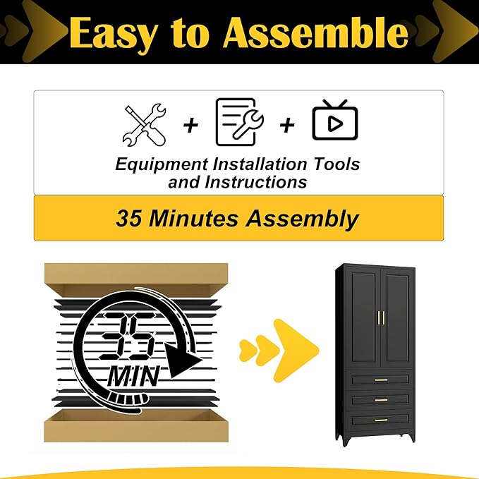 75" Kitchen Pantry Cabinet with 3 Drawers,Metal Storage Cabinets with Doors and 4 Adjustable Shelves,Black Kitchen Cabinet with 2 Gold Handles,Food Cupboard for Livingroom, Bathroom,Pantry