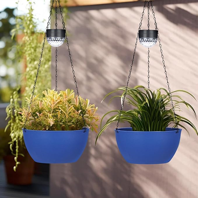 2 Packs Solar Hanging Basket Planters for Plants Outdoor, Self Watering Blue Flower Plants Pots with Solar Light Drainer for Balcony Patio Garden Outdoor Decoration
