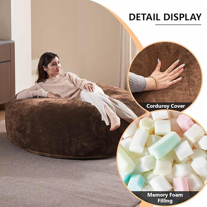 5FT,Big Bean Bag Chairs for Adults,Large beanbag with Filler Included,Memory Foam Material,Easy to Clean and Washable Corduroy Fabric,Suitable for Living Room and Bedroom (Coffee Color, 5 Foot)