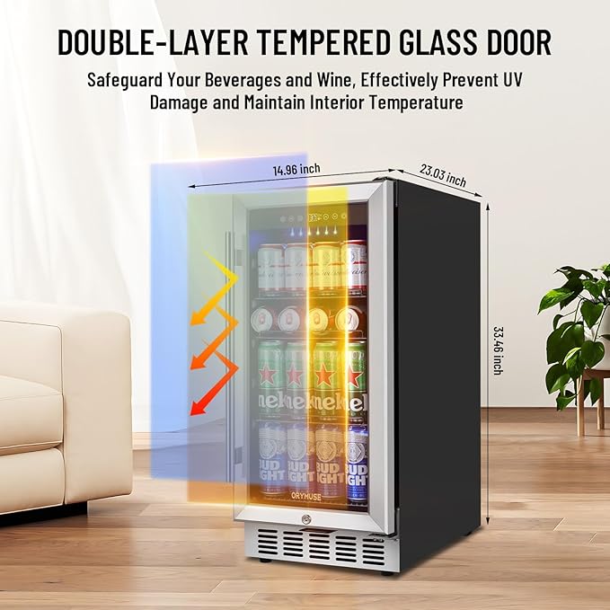 15 Inch Beverage Refrigerator, 130 Can Capacity Under Counter Fridge with Lock & Glass Door, Quiet Built-in or Freestanding Beer Cooler, Powerful Compressor for Fast Cooling