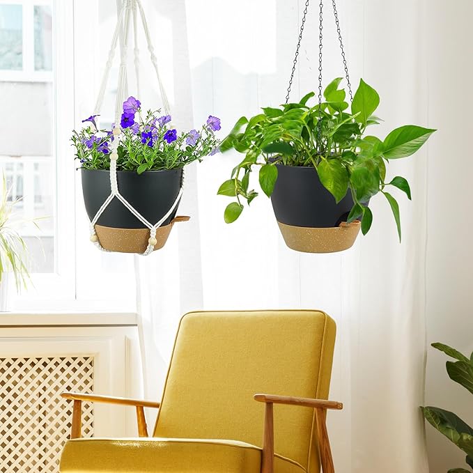 10 inch Self Watering Hanging Planters, 2 Pack Hanging Flower Pots for Indoor Outdoor Plants, Hanging Baskets with Drainage Holes & 2 Kinds of Plant Hangers for Garden Home Decor, Black Brown