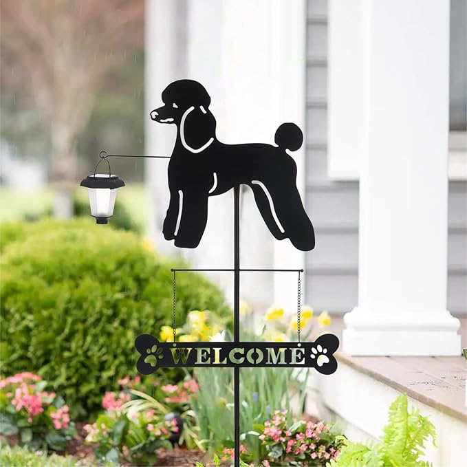 BAYN Solar Poodle Garden Stakes Decorative with a Lantern Dog Silhouette Welcome Sign Outdoor Garden Decor for Yard, Lawn, Patio, Pathway