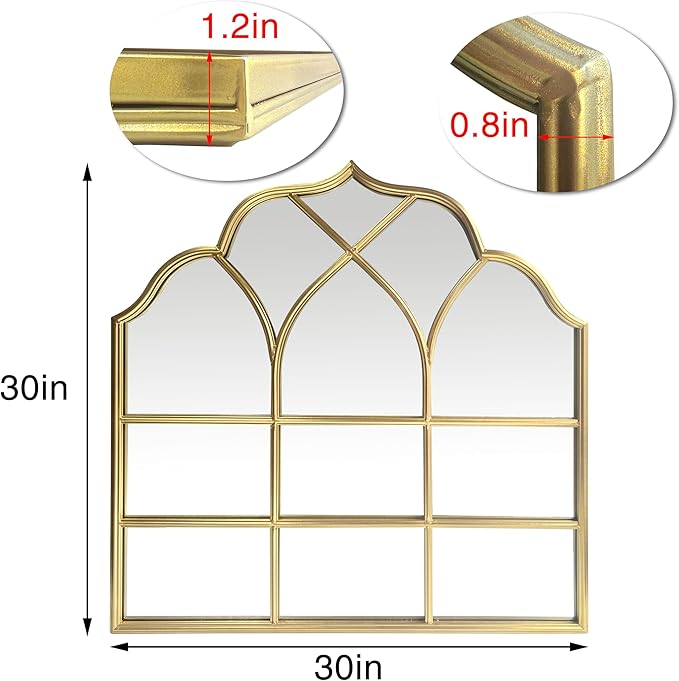 Window Mirror Pane Scalloped, Wide Arched Gold Mirrors Decorative, Cathedral Arch Wall Decor with Metal Windowpane Grid for Mantle Entryway Fireplace Hallway Living Room