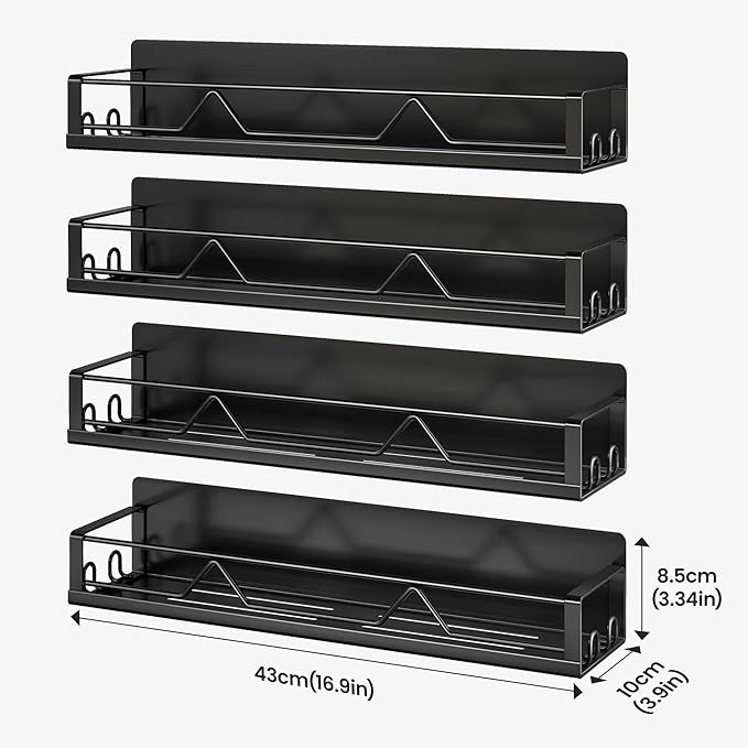 16.9 Inch Wide Large Capacity Magnetic Spice Rack for Refrigerator, 4 Pack Metal Fridge Shelf, Black