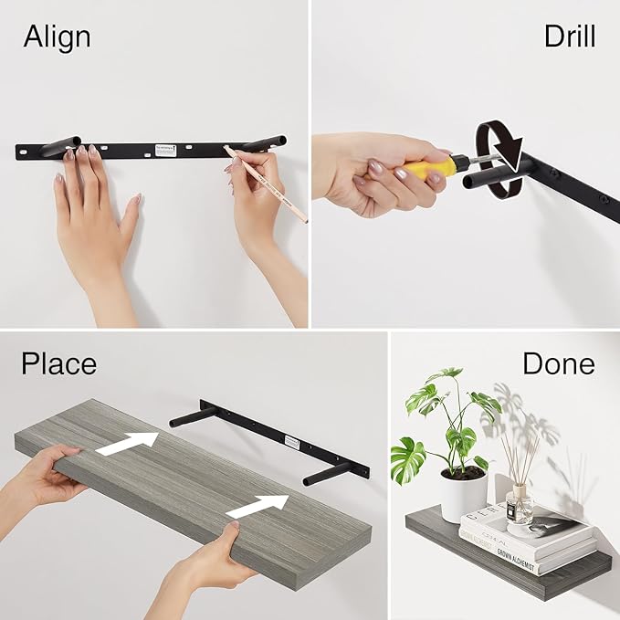 BAYKA Floating Shelves for Wall, Wall Mounted Rustic Wood Shelves for Bathroom, Bedroom, Living Room, Kitchen,Small Hanging Shelf for Books/Storage/Room Decor (Grey, Set of 3, 15.7in)