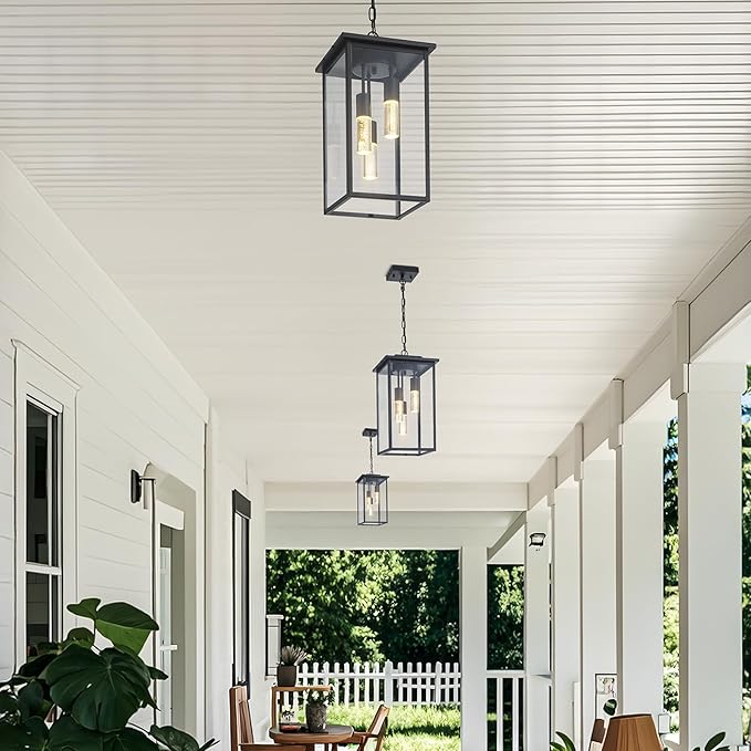 3-Color LED Outdoor Pendant Light with Remote, 3-Light 19" Large Outdoor Chandelier for Porch, Black Exterior Pendant Lighting Fixture Ceiling Mount Pendant Lantern for Patio Front Door