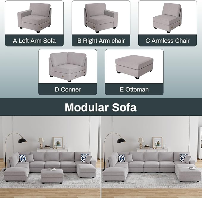 L Lengend Vansen Modular Sectional Sofa U Shaped Couch with Ottoman Modern Reversible Corner Sectional Couch for Living Room (Light Grey, U Shaped Sofa-4)
