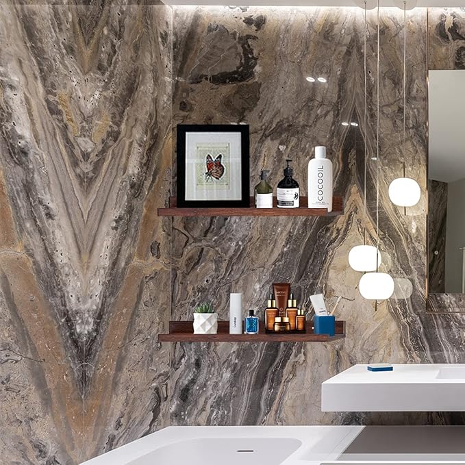 AZSKY Floating Book Shelves Wall Mounted Photo Shelf Picture Ledge Deep Walnut Display Shelves for Home Living Room Bedroom Bathroom Office Set of 2