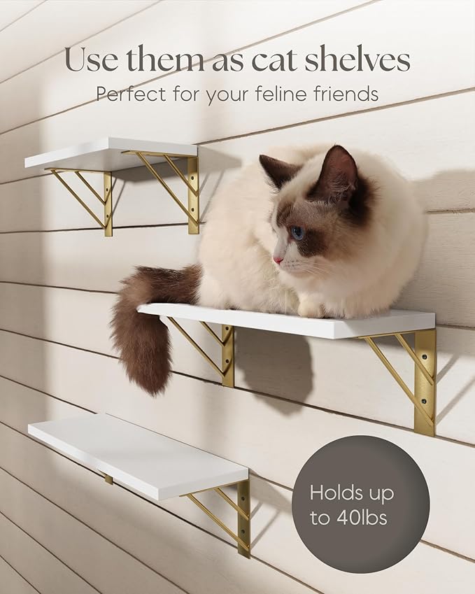 BAYKA Wall Shelves for Bedroom Decor, Floating Wall Shelves for Living Room Kitchen Storage, Wall Mounted Rustic Wood Shelves for Kids Books,Corner Shelves for Bathroom(White and Gold,Set of 3)