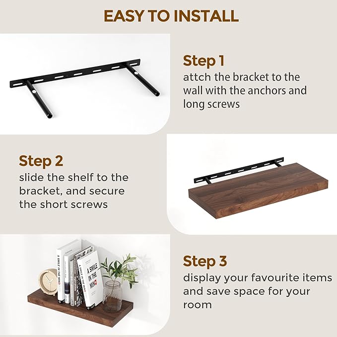 40 Inch Floating Shelvese, 40" W x 9" D Floating Shelf Set of 2, Farmhouse Wood Wall Shelves for Bedroom, Kitchen, Wall Mounted Deep Shelving for Home Decor, Walnut Color