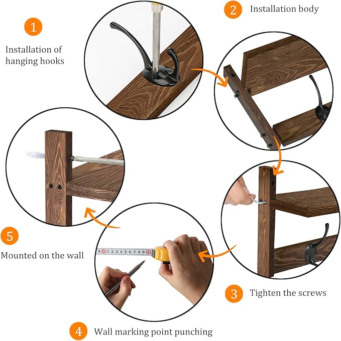 BAMEOS Wall Mounted Coat Rack with Adjustable Easy Install, Rust Proof, Brown Wooden Material, 28.9 Inch Length