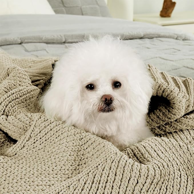 Amélie Home Chenille Knit Throw Blanket for Couch, Chevron Texture Decorative Soft Blanket for Sofa, Bed & Chair, 50"x60", Beige