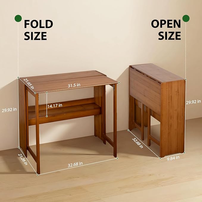 31.5" Bamboo Folding Desk,Space-Saving Computer Desk for Small Spaces, Foldable Study Table for Bedroom, Home Office, Dorm, Apartment(Brown