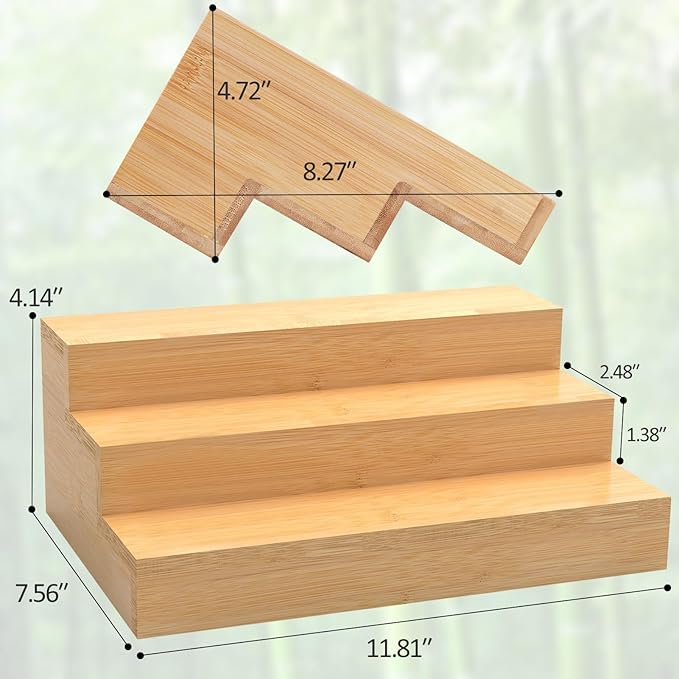 2 Pack Bamboo Spice Rack Organizer for Countertop, 3 Tier Spice Step Shelf for Cabinet (Jars Not Included)