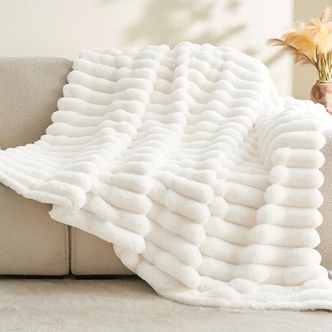 BEDELITE Faux Fur Throw Blanket for Couch, Soft and Cozy Luxurious 3D Striped Fluffy Blanket, 770GSM Thick Warm Plush Fuzzy Faux Rabbit Fur Blanket for Women Gift (Cream, 60"x 80")