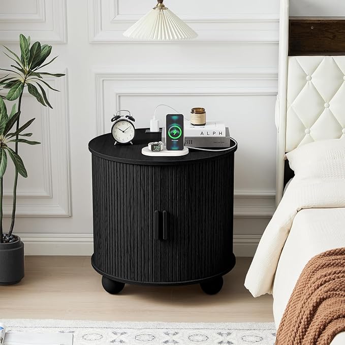 24" Large Fluted Round End Table with Charging Station, Farmhouse Cricle Sofa Side Table with Sliding Door and Storage, Rustic Curved Wood Nightstand for Living Room, Bedroom,Black